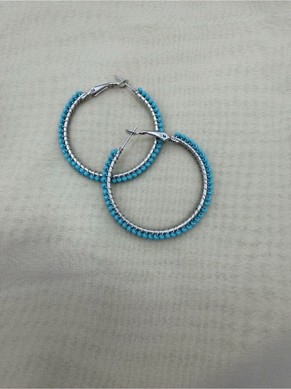 Silver Beaded Hoop Earrings Boho Turquoise Blue Fashion Jewelry